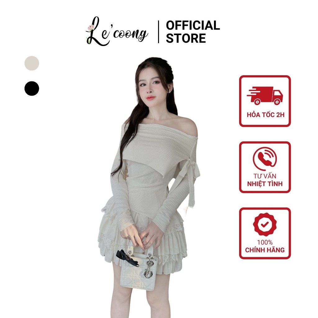 Set Áo Trễ Vai+Chân Váy Dáng Ngắn LECOONG B78 Váy Đi Tiệc Nhiều Tầng Tiểu Thư