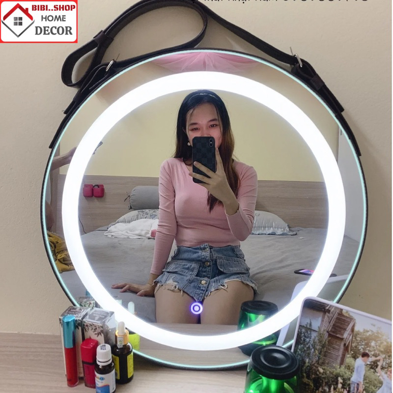 Gương LED Tròn Viền Da 3 Chế Độ Màu - Gương Decor Phòng Ngủ, Phòng Tắm