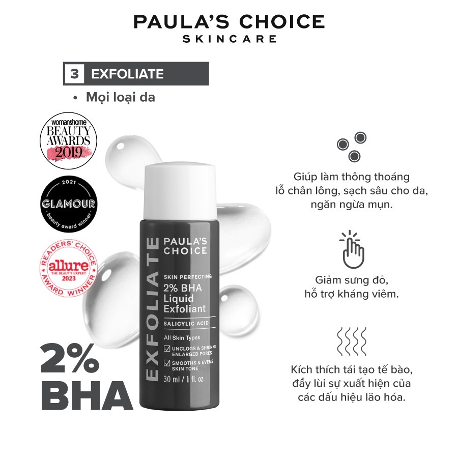 Dung dịch tẩy da chết giảm mụn ẩn PAULA'S CHOICE BHA 2% 30ml SKIN PERFECTING Liquid - Skin Studio