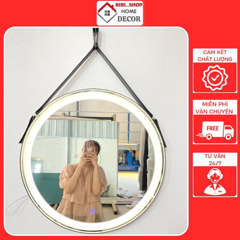 Gương LED Tròn Viền Da 3 Chế Độ Màu - Gương Decor Phòng Ngủ, Phòng Tắm