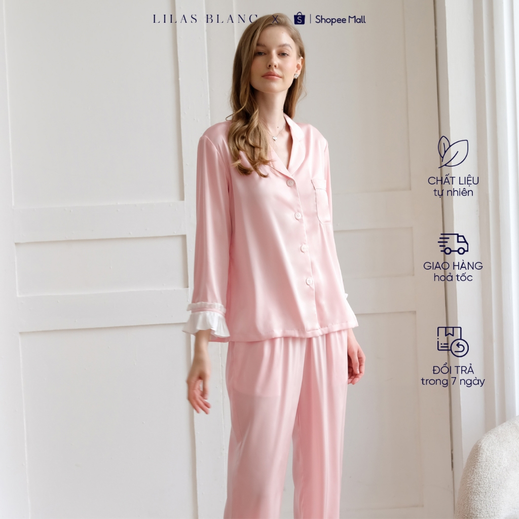 Bộ Pyjamas Nữ Mặc Nhà Áo Dài Quần Dài Chất Liệu Lụa Màu Hồng Pastel Thiết Kế Phối Viền Bèo Trắng Bella LILAS BLANC spe