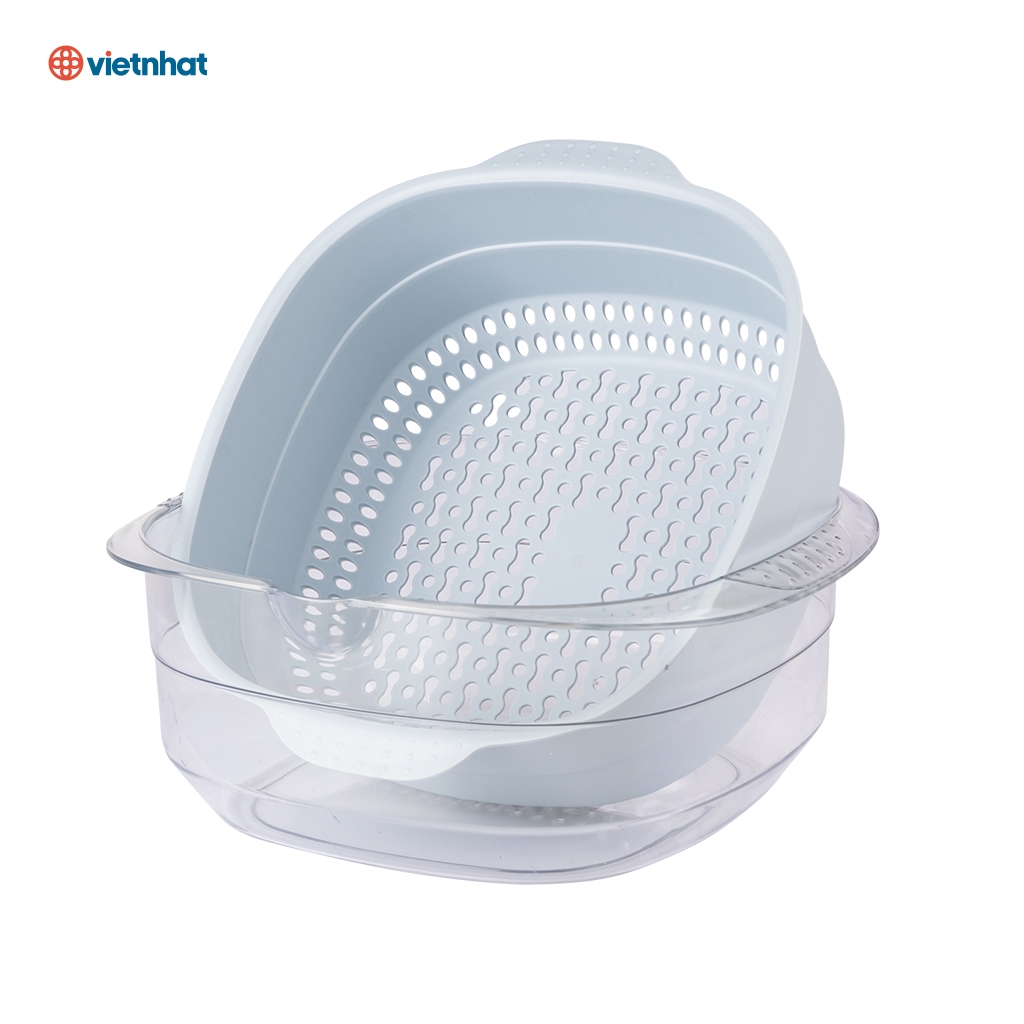 Bộ rổ kèm chậu Nhật vuông Hokori, Bộ rổ 2 món trong suốt Hokori, Rổ Giá rửa rau củ hoa quả nhà bếp Việt nhật cao cấp