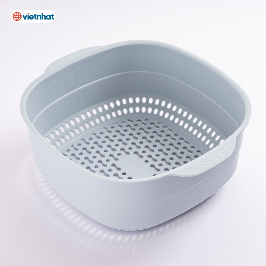 Bộ rổ kèm chậu Nhật vuông Hokori, Bộ rổ 2 món trong suốt Hokori, Rổ Giá rửa rau củ hoa quả nhà bếp Việt nhật cao cấp