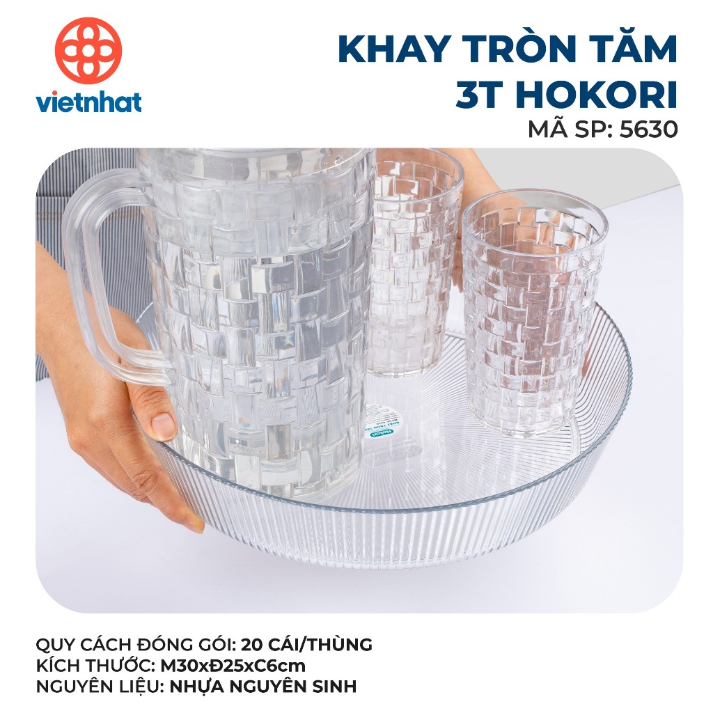 Khay tròn tăm 3T Hokori 5630 Việt Nhật, Khay trong suốt đựng đồ decor tiện dụng, Khay đựng cốc chén hoa quả đa năng