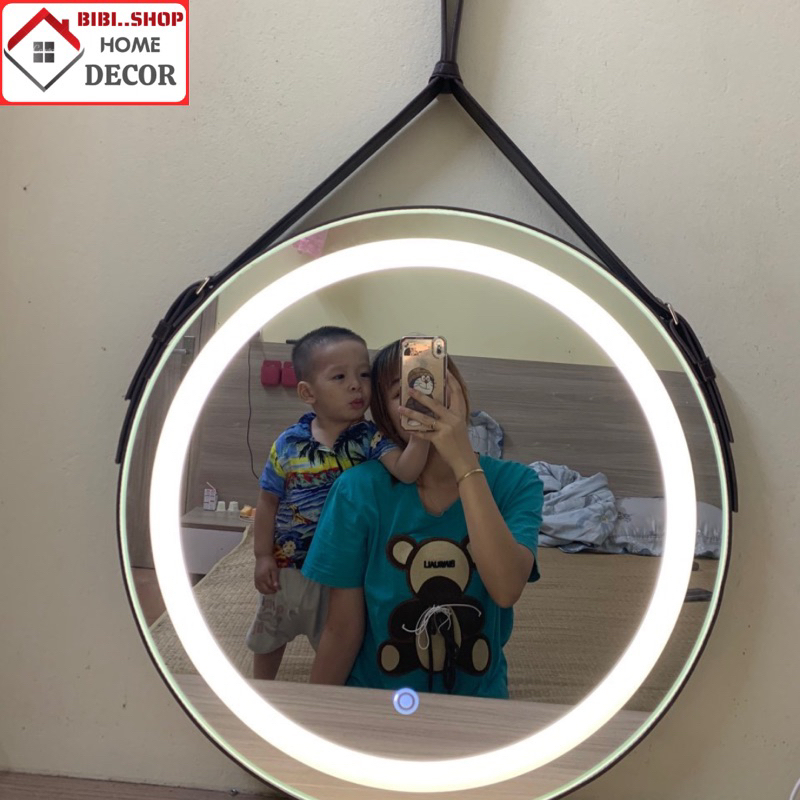 Gương Tròn Viền Da Đèn LED 3 Màu Cao Cấp - Gương Trang Điểm Treo Tường Sang Trọng