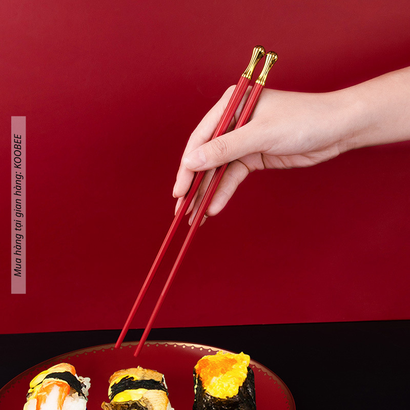 Bộ 5/10 Đôi Đũa Ăn Cơm Màu Đỏ Mạ Vàng Sang Trọng Chất Liệu Sợi Thủy Tinh Chống Trơn Cho Đám Cưới, Tiệc, Hỷ Sự (BA38)
