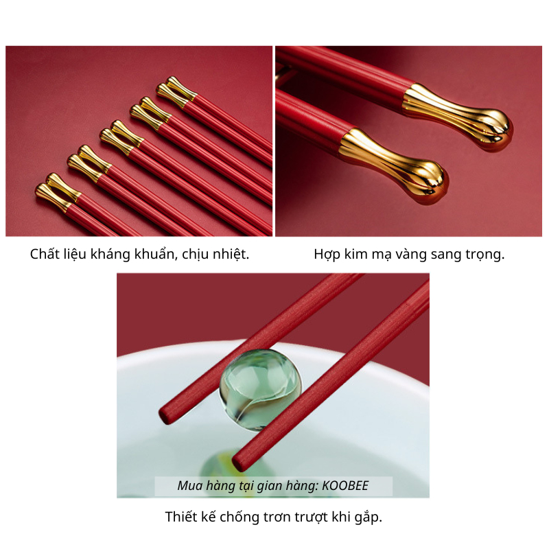 Bộ 5/10 Đôi Đũa Ăn Cơm Màu Đỏ Mạ Vàng Sang Trọng Chất Liệu Sợi Thủy Tinh Chống Trơn Cho Đám Cưới, Tiệc, Hỷ Sự (BA38)