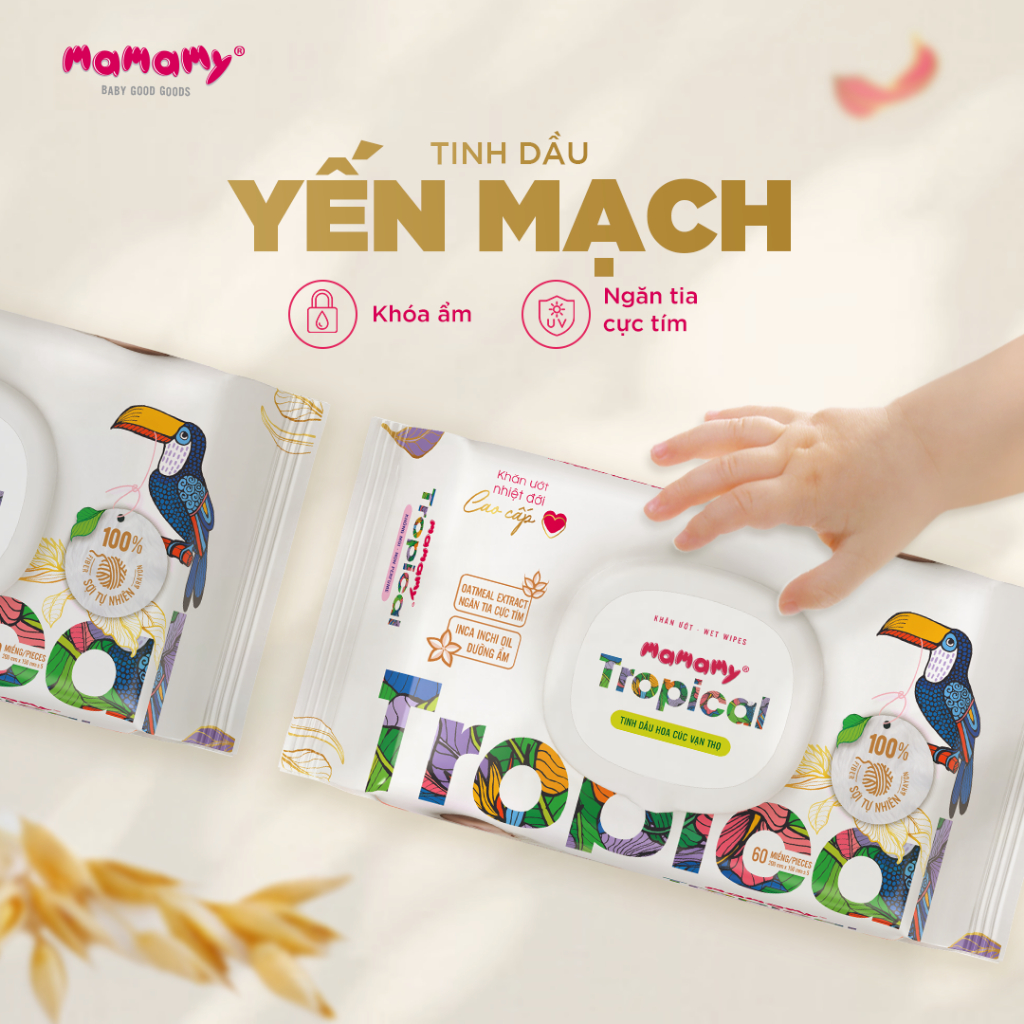 Ảnh -Khăn giấy ướt cao cấp cho bé Mamamy 100% sợi tự nhiên và rayon Tropical gói 90tờ tặng 60tờ, mềm, dai, sạch cực 4