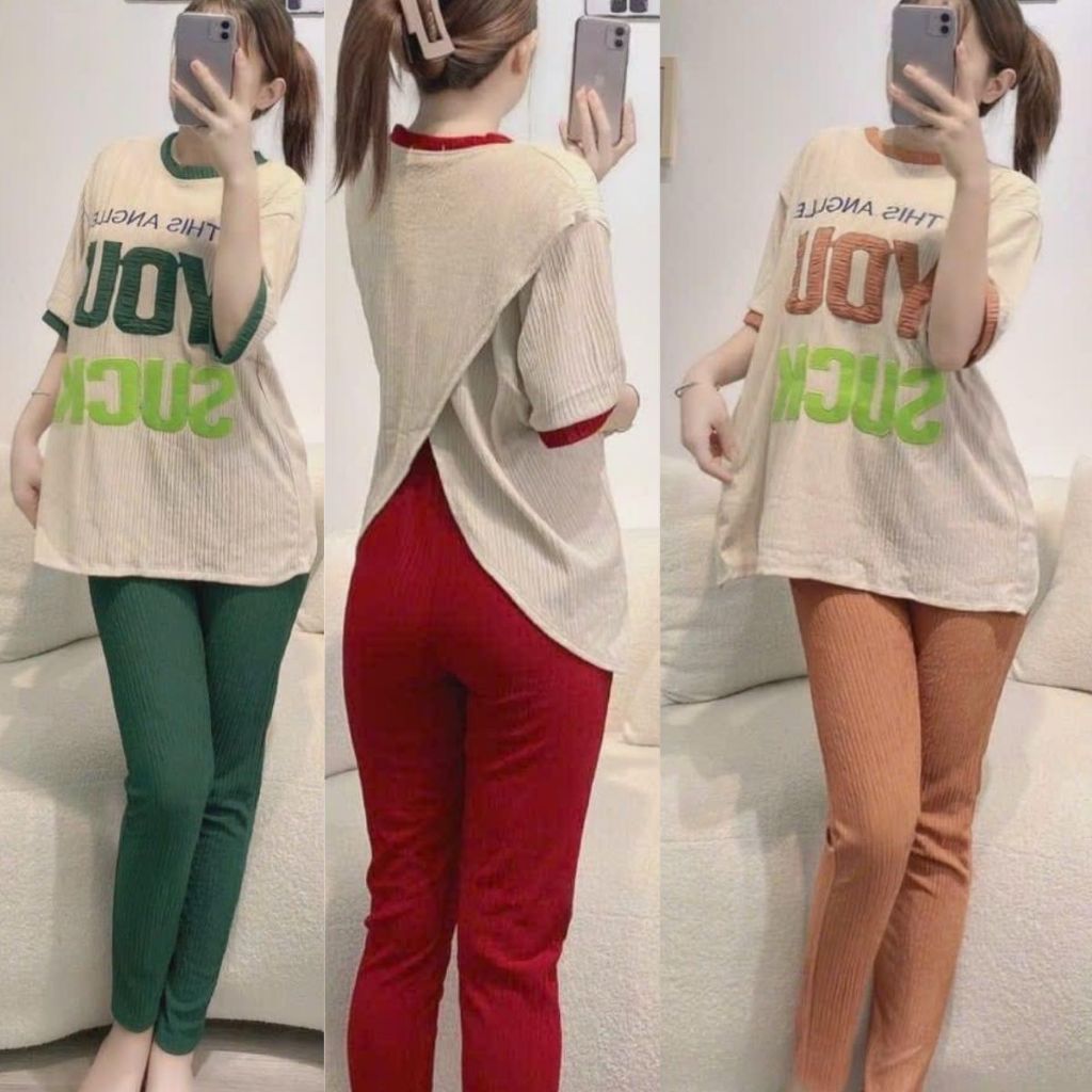 Đồ Bộ Nữ Bigsize Vải Thun Xốp Nhật Đẹp ESHOP Set Bộ Nữ Sang Chảnh Mặc Nhà Đi Chơi Trung Niên Hình Thêu Chữ Hình Ếch DX68