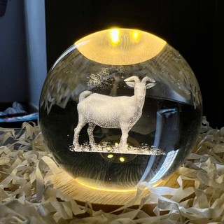 (BỘ QUẢ CẦU PHA LÊ 3D + ĐẾ GỖ LED 1 MÀU VÀNG) 12 Con Giáp Tí, Sửu, Dần, Mão, Thìn, Tị, Ngọ, Mùi....