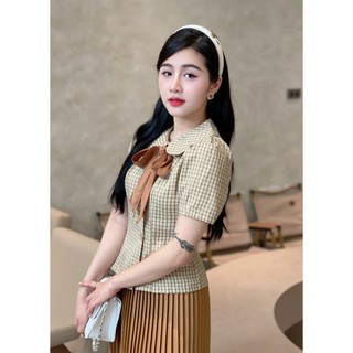 Set đồ công sở nữ - Áo kẻ kết hợp váy xếp ly