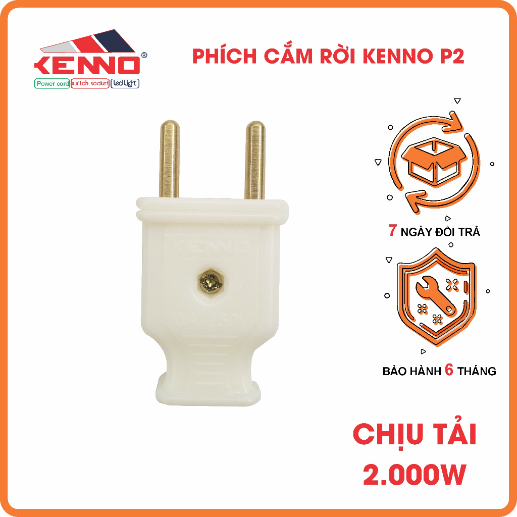 Phích cắm chịu tải Kenno công suất 2000W màu trắng Chân phích 4.5mm