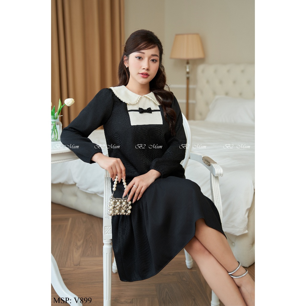 Váy bầu thiết kế Váy dạ nơ dài tay V899 B2MUM