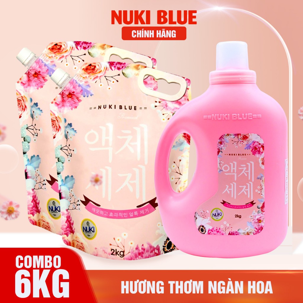 Combo 2 Túi 1 Can Nước Giặt Xả Hương Ngàn Hoa Nuki Blue 6kg Lưu Hương Đậm Sâu