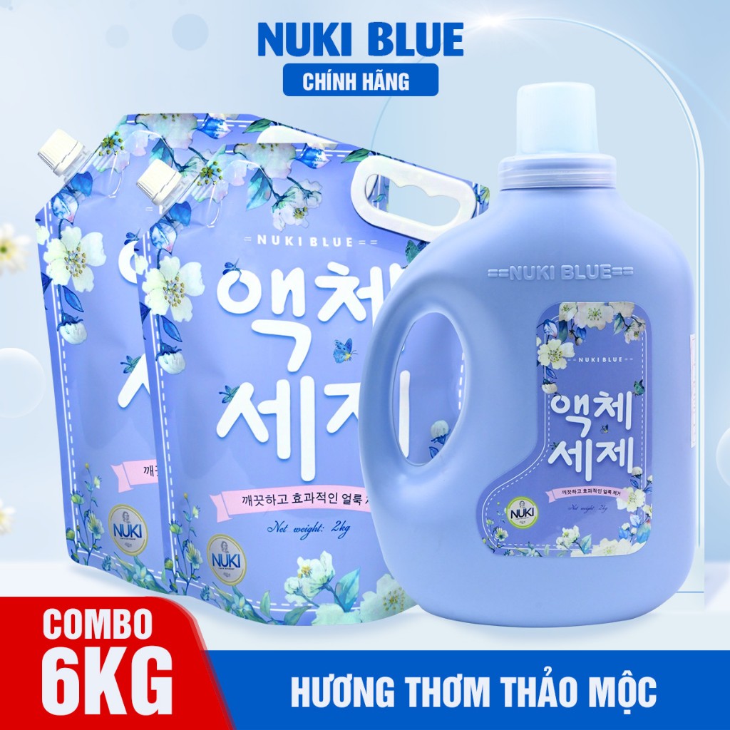 Combo 2 Túi 1 Can Nước Giặt Xả Hương Thảo Mộc Nuki Blue 6kg Lưu Hương Đậm Sâu
