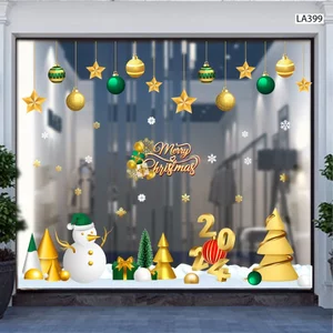 Tranh Dán Tường Merry Christmas Người Tuyết Và Cây Thông Vàng Trang Trí Noel, Nhà Cửa, Văn Phòng, Quà Tặng Người Thân