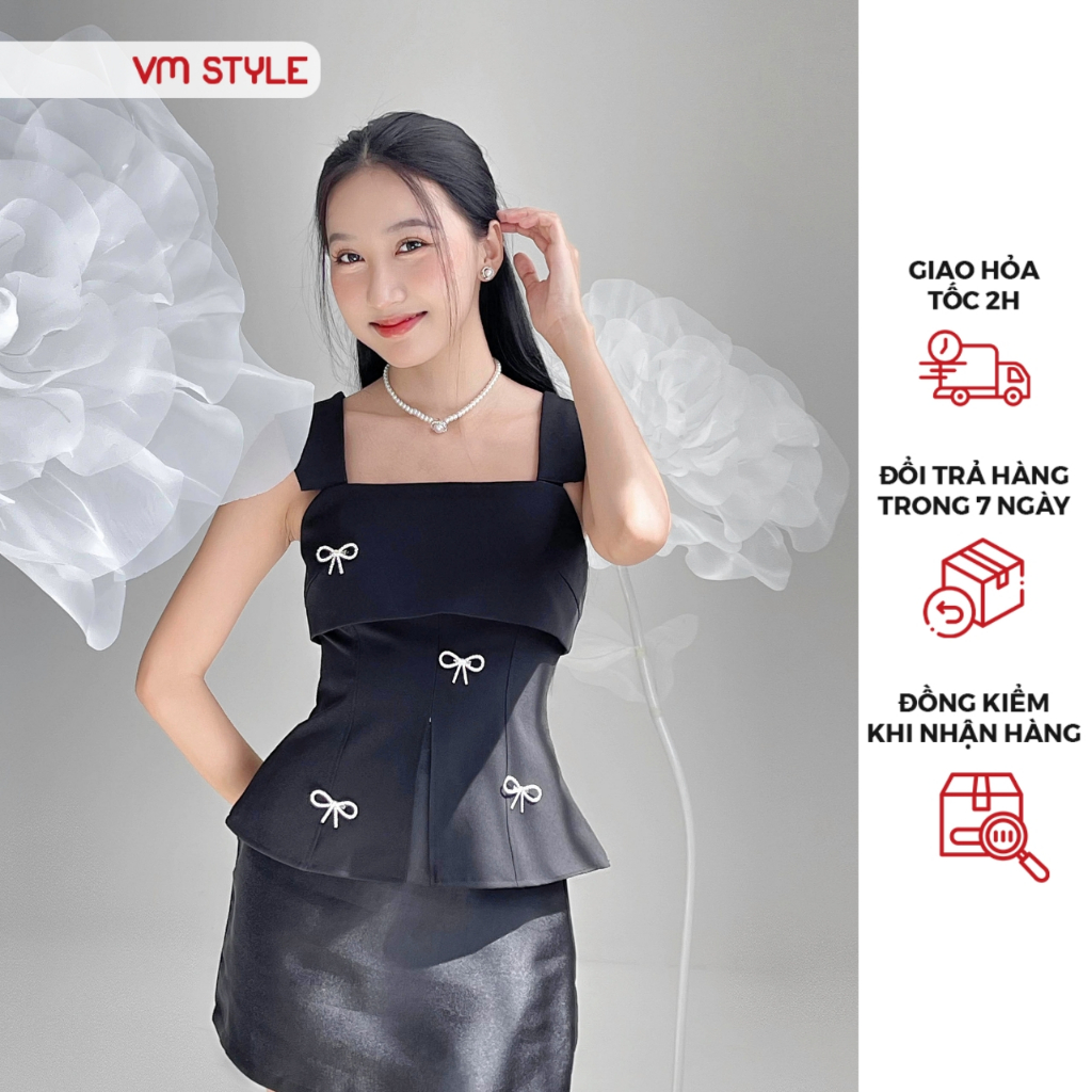 Áo 2 dây Nữ VMSTYLE xẻ trước lai xòe form ôm đính nơ đơn giản, sang trọng đi chơi, đi tiệc 01676 – ASU00458