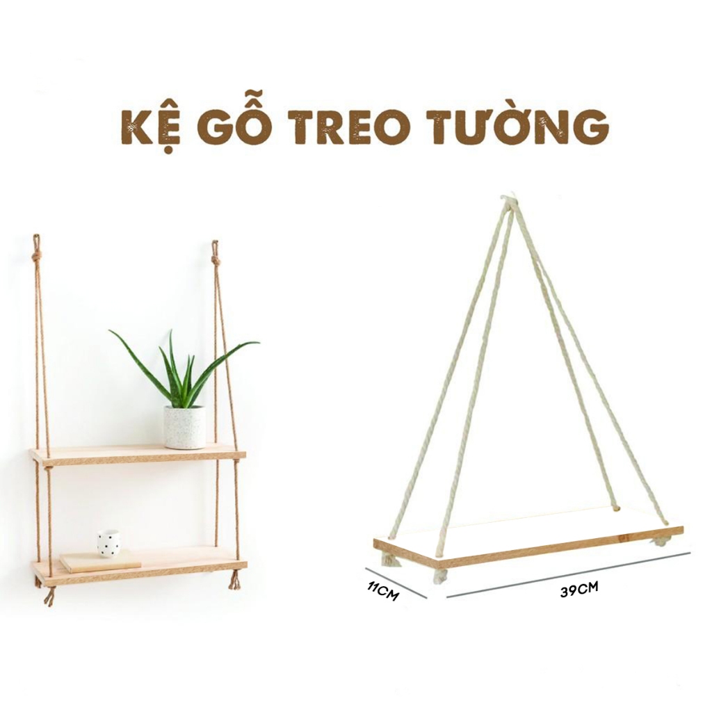 kệ treo tường thanh ngang - kệ gỗ treo tường tặng kèm dây thừng