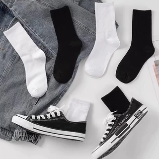Set 2,3,5 Đôi Tất vớ màu trắng đen cổ cao đơn giản cotton thấm hút mồ hôi phong cách Hàn quốc