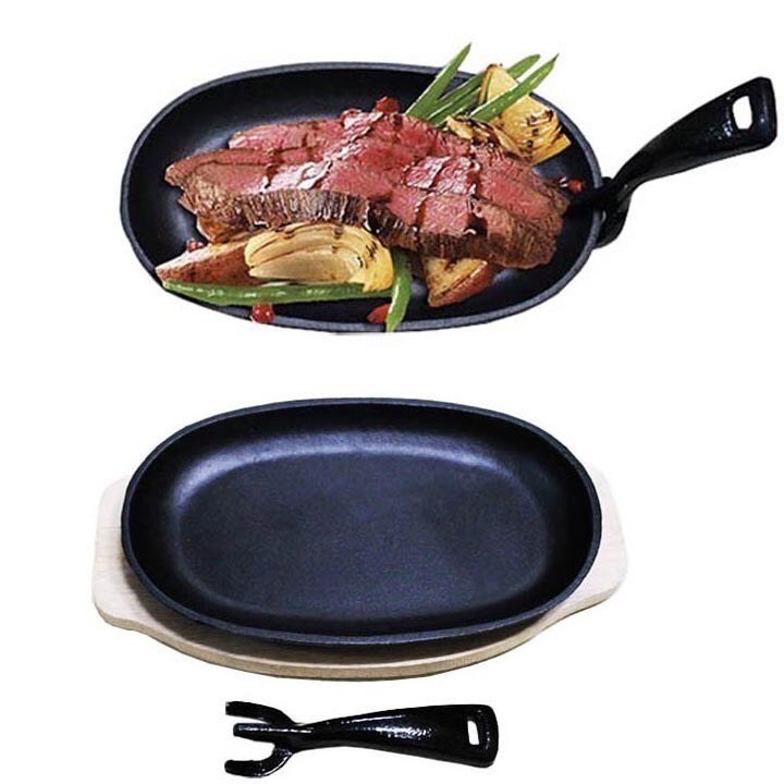Chảo gang oval- làm bò né, bò beefsteak - Bộ chảo gang OvalDRAGON chống dính kèm đế gỗ và gắp chảo size 24.5cm - 28cm