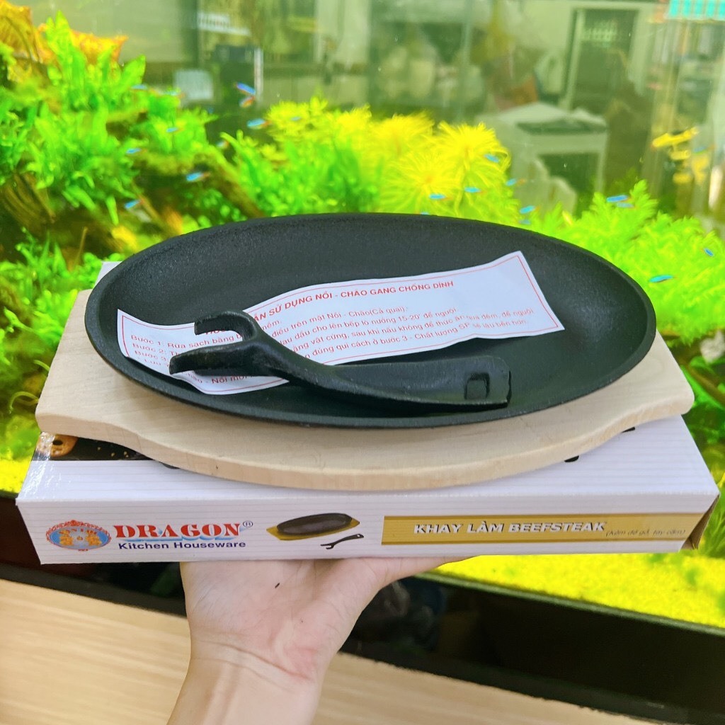 Chảo gang oval- làm bò né, bò beefsteak - Bộ chảo gang OvalDRAGON chống dính kèm đế gỗ và gắp chảo size 24.5cm - 28cm