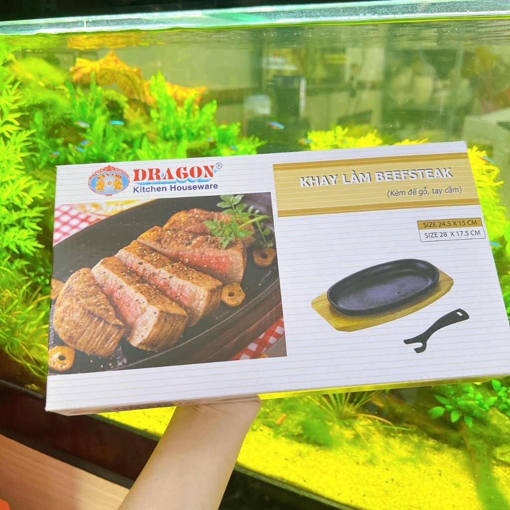 Chảo gang oval- làm bò né, bò beefsteak - Bộ chảo gang OvalDRAGON chống dính kèm đế gỗ và gắp chảo size 24.5cm - 28cm