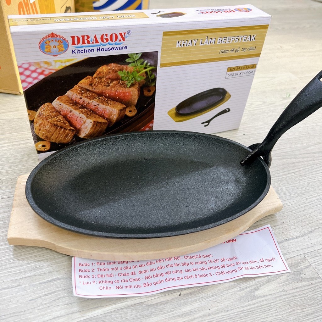 Chảo gang oval- làm bò né, bò beefsteak - Bộ chảo gang OvalDRAGON chống dính kèm đế gỗ và gắp chảo size 24.5cm - 28cm