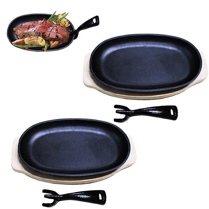 Chảo gang oval- làm bò né, bò beefsteak - Bộ chảo gang OvalDRAGON chống dính kèm đế gỗ và gắp chảo size 24.5cm - 28cm