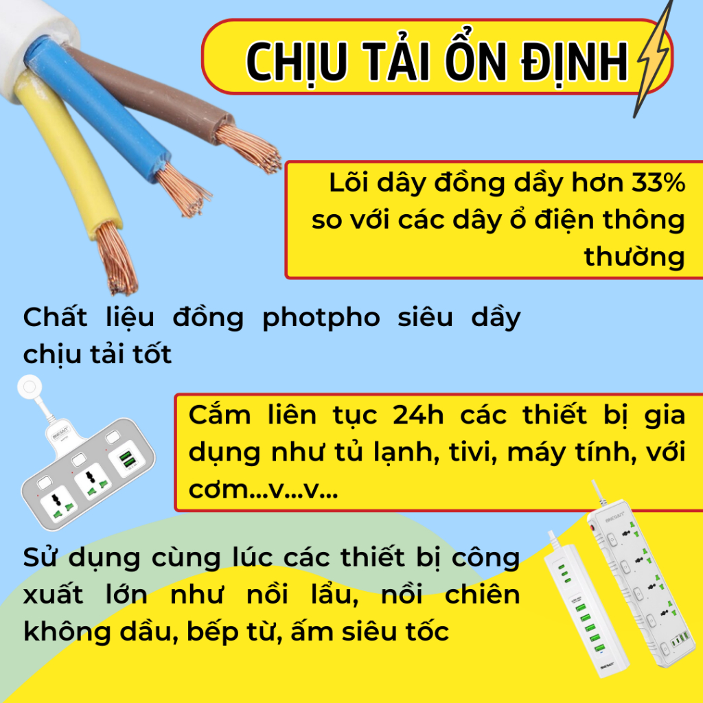 Ổ Cắm Điện DCTEK Chịu Tải 3000W, An Toàn Chống Giật, Nhựa PC Cao Cấp Chống Cháy, Dây Dài