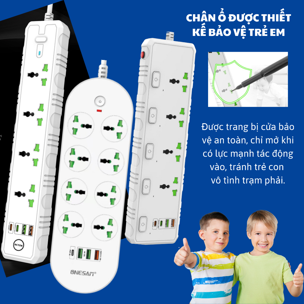 Ổ Cắm Điện DCTEK Chịu Tải 3000W, An Toàn Chống Giật, Nhựa PC Cao Cấp Chống Cháy, Dây Dài