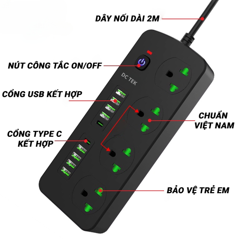 Ổ Cắm Điện DCTEK Chịu Tải 3000W, An Toàn Chống Giật, Nhựa PC Cao Cấp Chống Cháy, Dây Dài