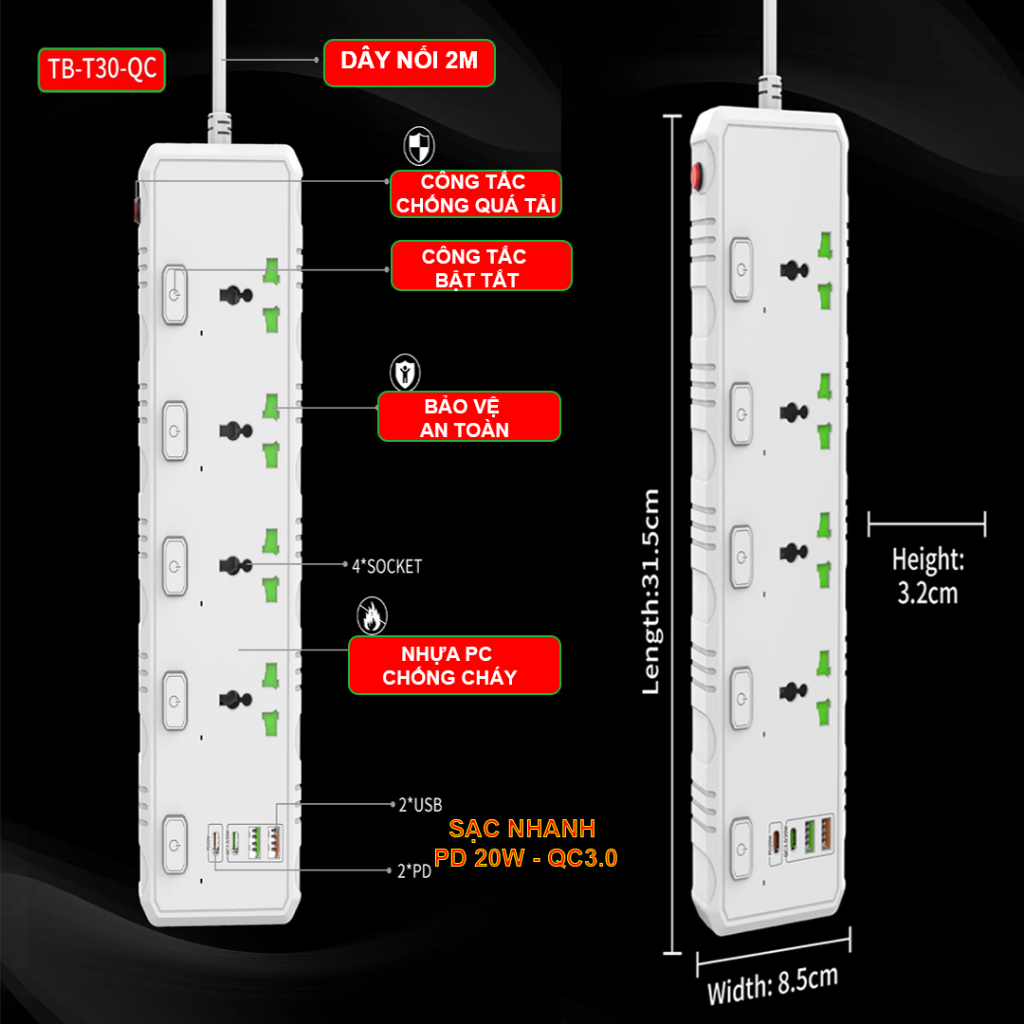 Ổ Cắm Điện DCTEK Chịu Tải 3000W, An Toàn Chống Giật, Nhựa PC Cao Cấp Chống Cháy, Dây Dài