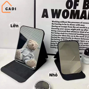 Gương để bàn bằng da PU có thể gấp gọn tiện dụng, gương da đen gấp để bàn văn phòng, học sinh hoặc mang du lịch.