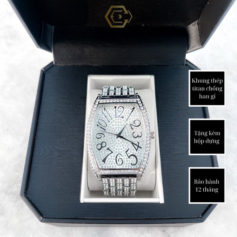 (Tặng nhẫn) Đồng hồ pintime đính đá khung chữ nhật size 40mm - PT02