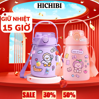 Bình nước giữ nhiệt 1000ml inox 304, có ống hút và nấp bật đậy kín giữ nhiệt đến 10h có tặng sticker, quai đeo cho bé