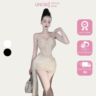 [RL42] Đầm Body Dự Tiệc Cúp Ngực 2 Dây Trong Gọng Dọc Đính Đá Thả Tà - Vải Ren + Lót Toàn Thân - 2 Màu Trắng, Đen LINOIS