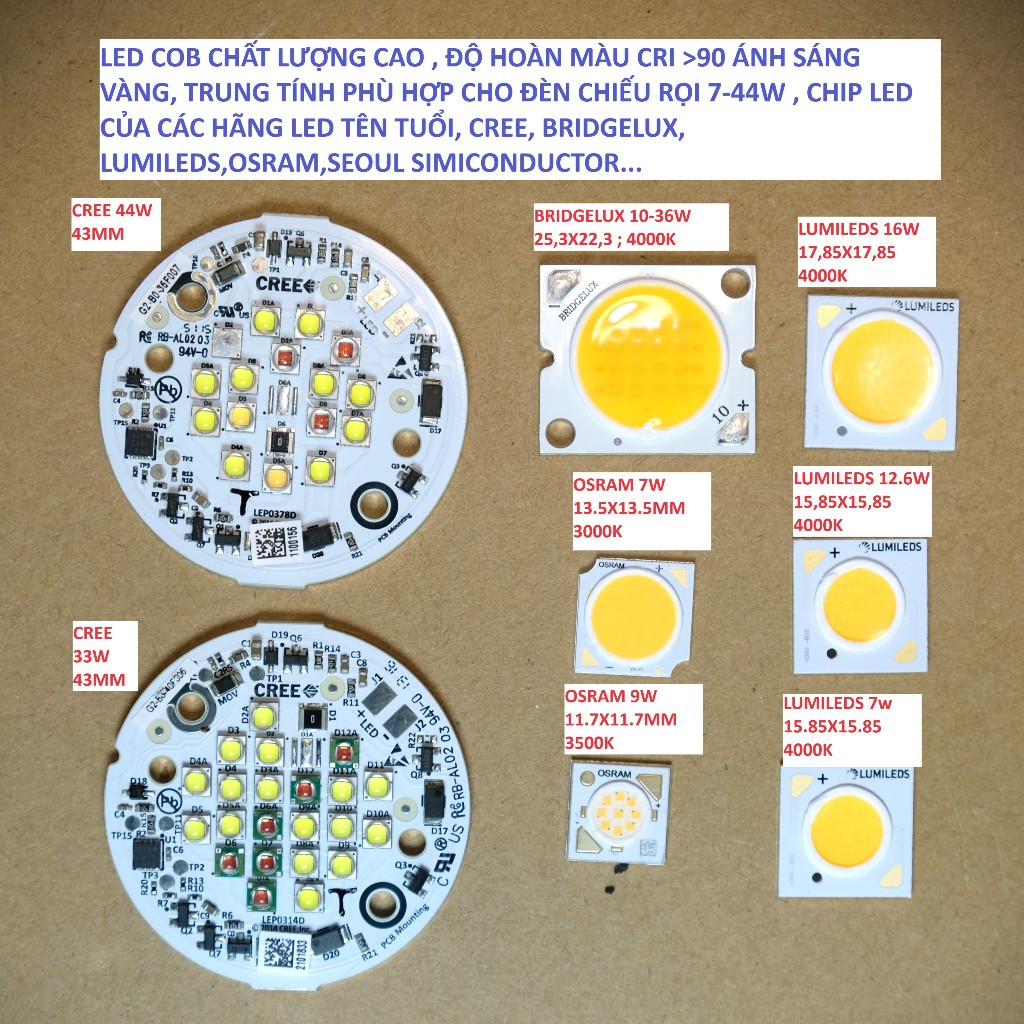 Chip LED COB chất lượng cao, độ hoàn màu CRI>90, ánh sáng vàng, trung ...