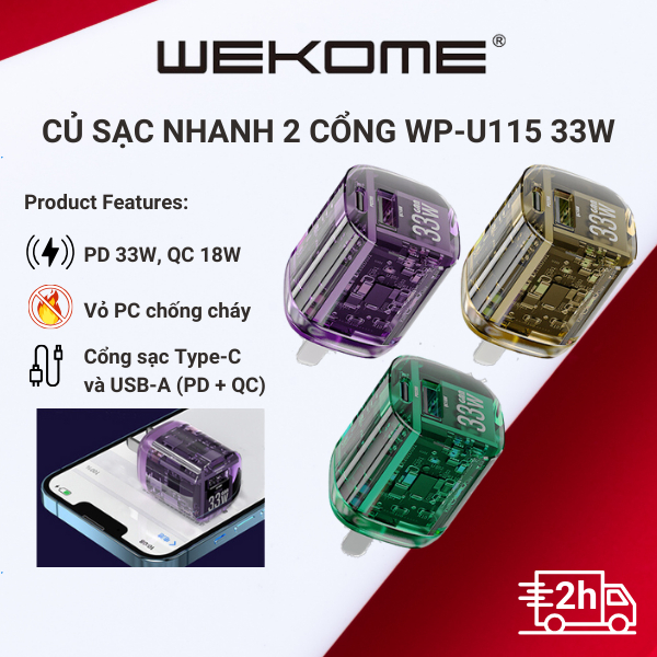 Bộ củ cáp sạc nhanh 33W U115 trong suốt 2 cổng sạc usb và type C GaN ...