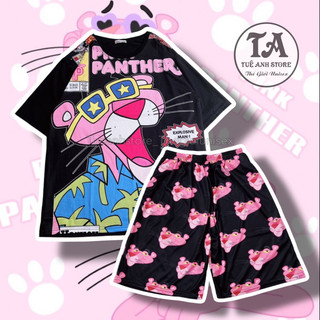 Set Bộ Đùi Báo Hồng full Đen Pink Panther cotton quần áo hoạt hình hoạ tiết Bộ mặc nhà Cartoon form rộng Unisex Freesize