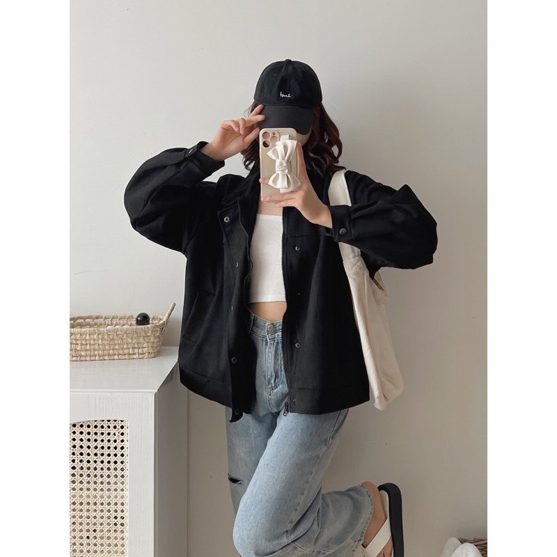 Áo Khoác Da Lộn 2 Lớp Cao Cấp Cổ Bẻ Form Rộng Dây Kéo Kèm Cúc Bấm Bao Y