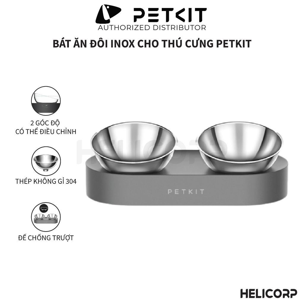 Bát Ăn Đôi Inox, Chén Ăn Chống Gù Cho Chó Mèo Nghiêng 15 Độ Petkit