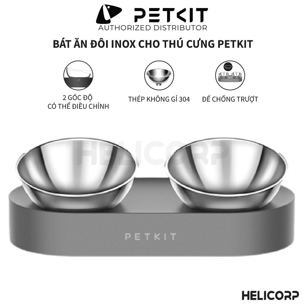 Bát Ăn Đôi Inox, Chén Ăn Chống Gù Cho Chó Mèo Nghiêng 15 Độ Petkit