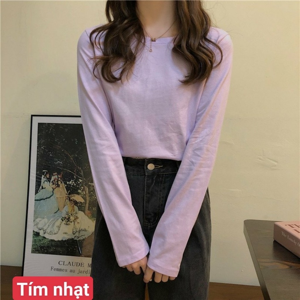Áo thun tay dài cổ tròn nữ JULY, Áo phông nữ dài tay dáng rộng chất xược cotton, thun giấy