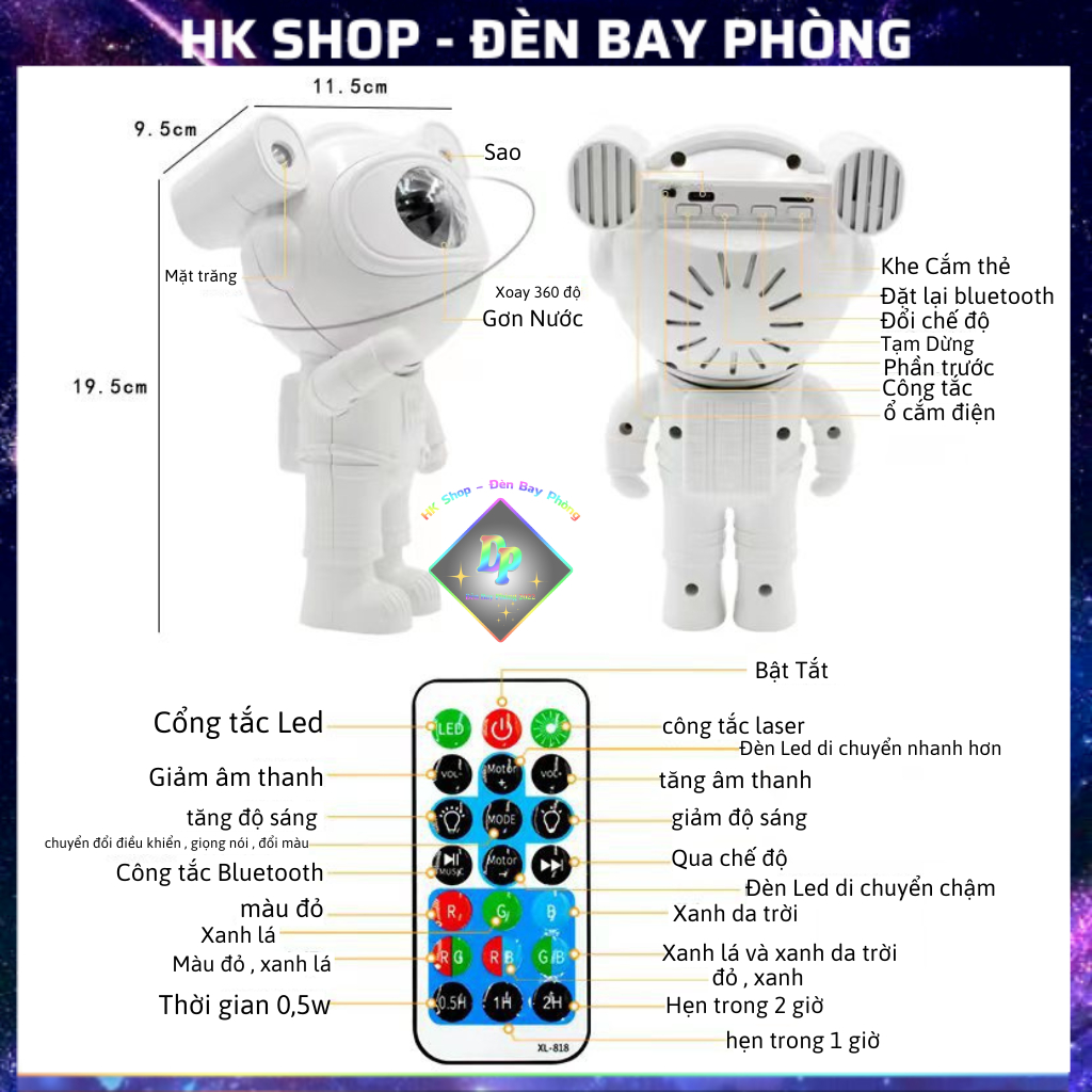 Đèn Phi Hành Gia Có Loa Bluetooth Chiếu Sao Mây Trăng Đèn Ngủ Phi Hành Gia Để Bàn Đèn Led Trang Trí