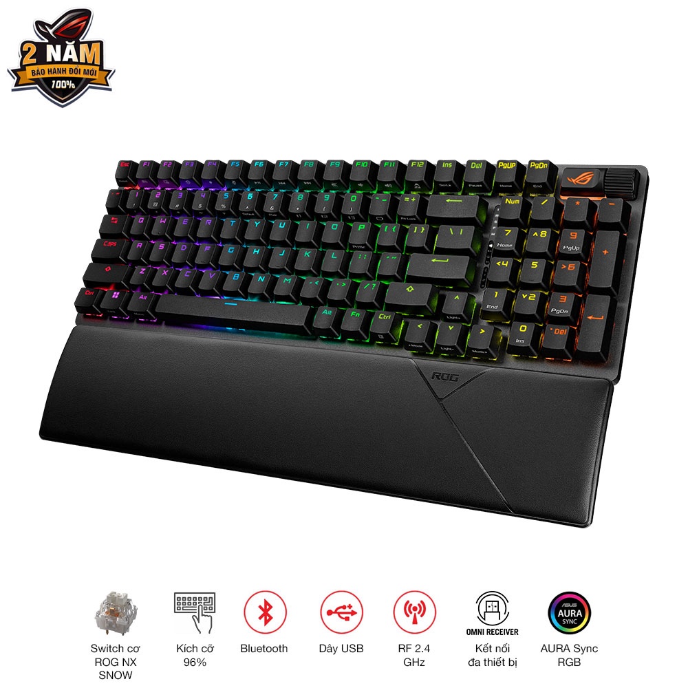 Bàn phím cơ FPS không dây ASUS ROG Strix Scope II 96 WL, swith cơ ROG NX Snow (bluetooth/usb/códây), layout 96%,thay sạc