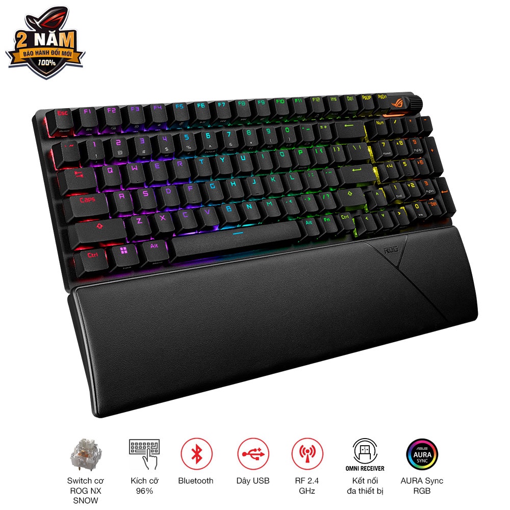 Bàn phím cơ FPS không dây ASUS ROG Strix Scope II 96 WL, swith cơ ROG NX Snow (bluetooth/usb/códây), layout 96%,thay sạc