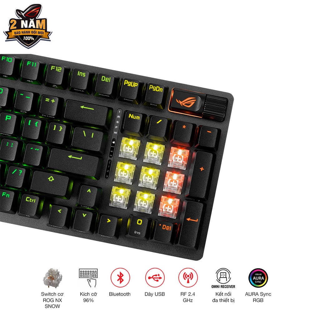 Bàn phím cơ FPS không dây ASUS ROG Strix Scope II 96 WL, swith cơ ROG NX Snow (bluetooth/usb/códây), layout 96%,thay sạc