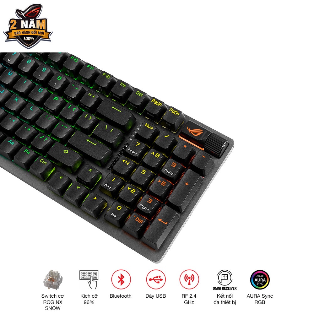 Bàn phím cơ FPS không dây ASUS ROG Strix Scope II 96 WL, swith cơ ROG NX Snow (bluetooth/usb/códây), layout 96%,thay sạc