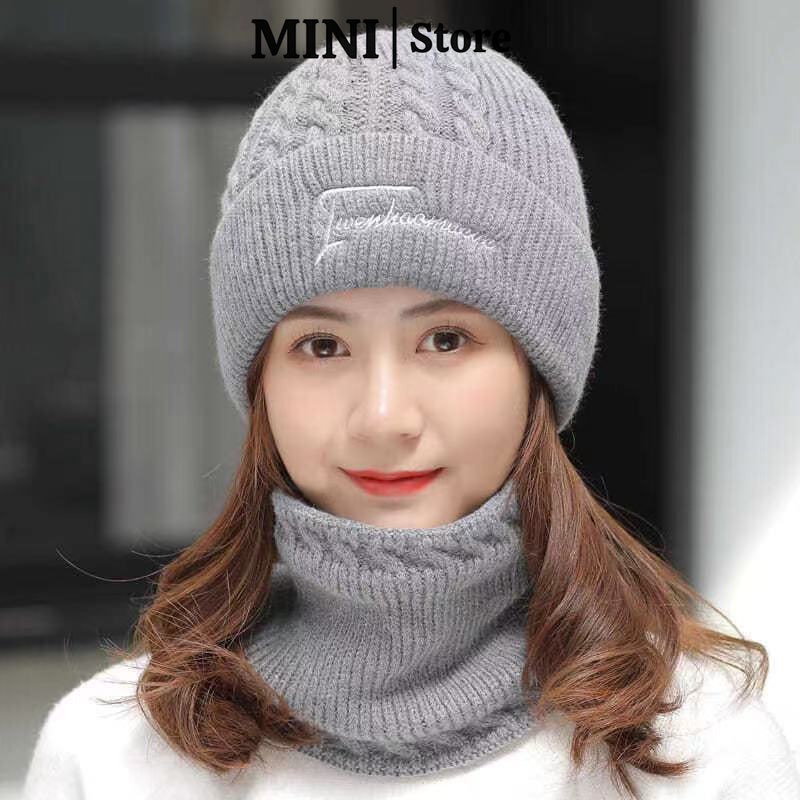 Mũ len nữ kèm khăn quàng cổ MINI nón len trùm đầu choàng cổ giữ ấm thời ...