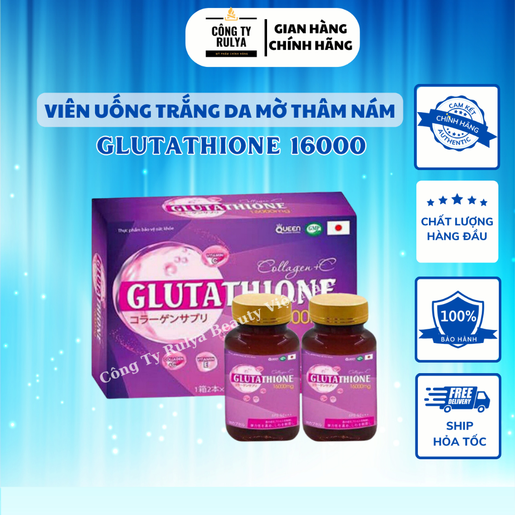 glutathione 16000 Viên Uống Trắng Da GLUTATHIONE 16000 - Viên Uống COLLAGE Trắng Da Mờ Nám  Giảm Nếp Nhăn ( Hộp 2 lọ 60 viên )
